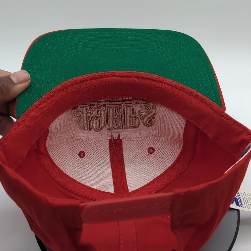 Starter|NWT Vintage NFL San Francisco 49ers Red Sports Cap Snap Back Green Brim - Picture 11 of 12